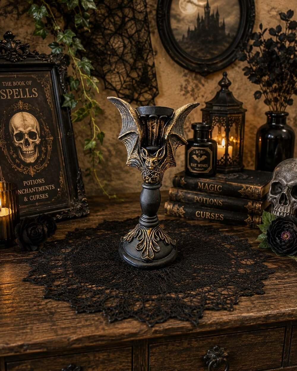 New Resin Black Gold Vampire Bat Wing Pedestal Halloween Candle Holder Decor